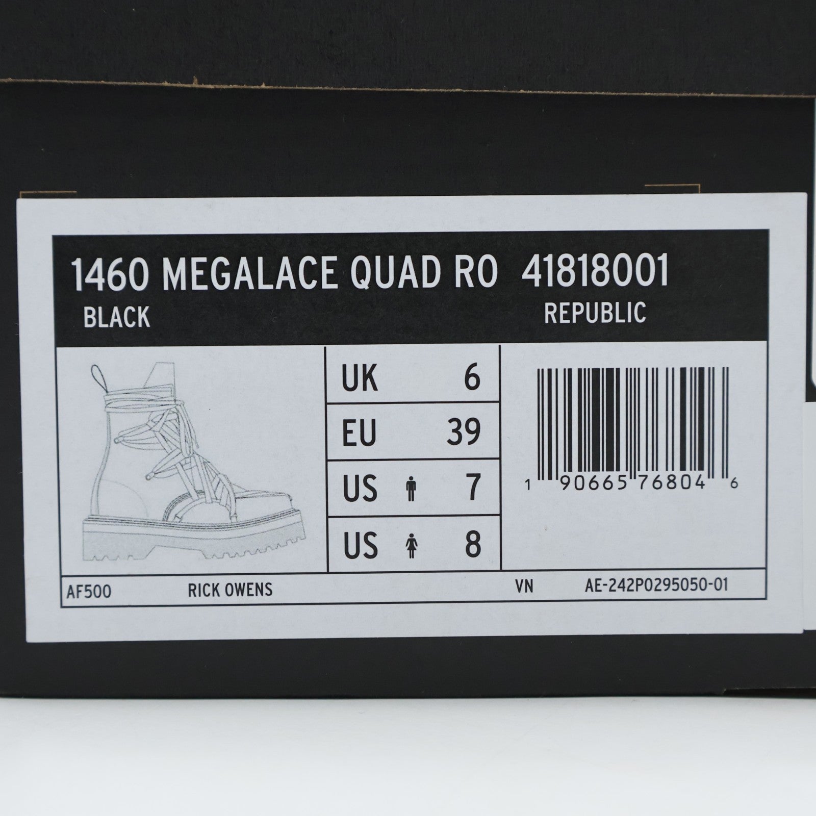 DM02E68128001 Rick Owens Dr.Martens 1460 Quad Sole Megalace Boot Black (Men's)