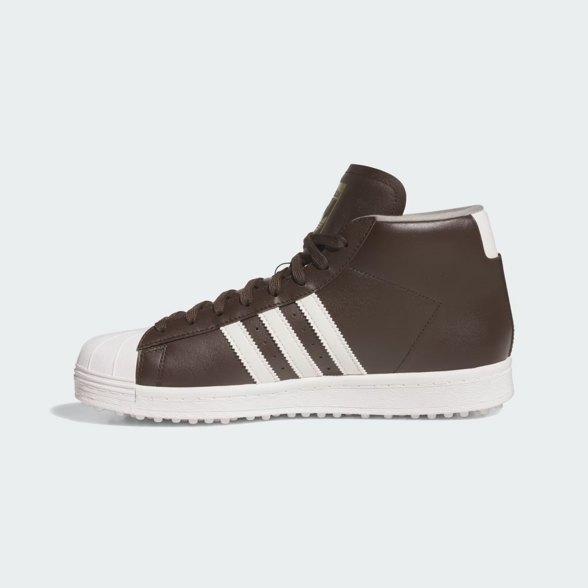 JP9889 adidas Pro Model Midcut Spikeless Golf Dark Brown/Chalk White/Gold (Men's