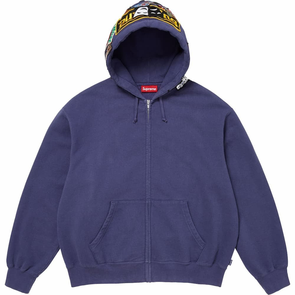 Supreme Patches Zip Up Hooded Sweatshirt Washed Navy