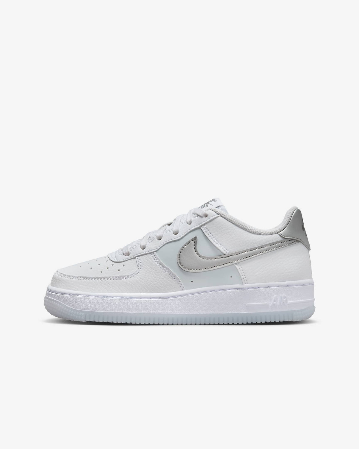 FV3981-100 Nike GS Air Force 1 White Pure Platinum Football Grey Metallic Silver
